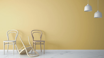 Minimalist architect designer concept with three classic wooden chairs, one chair turned over on yellow background and marble floor, living room interior design with copy space