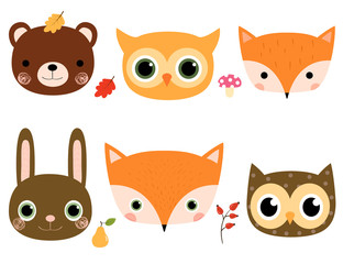 Cute cartoon vector set with woodland animal faces in flat style for children designs and greeting cards