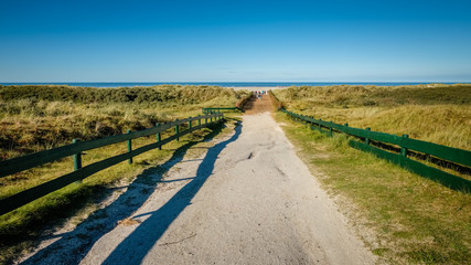 Looking towards a path that leads to the beach of the Wadden Island of Schiermonnikoog (Friesland, the Netherlands) on a sunny September afternoon