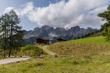 Panoramic view of Dachstein mountain in Salzkammergut, Austria near Filzmoos in a beautiful summer day