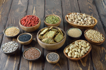 Super foods on a wooden background