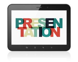 Marketing concept: Tablet Computer with Painted multicolor text Presentation on display, 3D rendering