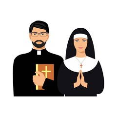 a young priest with a bible and a nun. Vector flat cartoon illustration