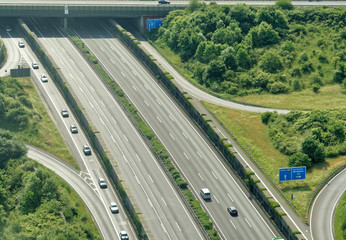 Aerial view from a small aircraft on the A2 motorway in the north of the city of Braunschweig