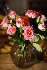 Beautiful close-up of a flower arrangement or bouquet with colorful flowers. Decoration of wedding reception or bridal bouquet. Macro shot flowers with selective focus