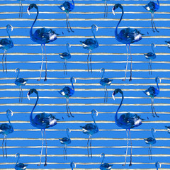 Hand Drawn Illlustration With Flamingo and Stripes. Exotic Summer Beach Motif. Swimwear Design, Wrapping, Background, Wallpaper, Fabric. Hawaiian Print. Jungle Birds Repeated Ornament. Africa.