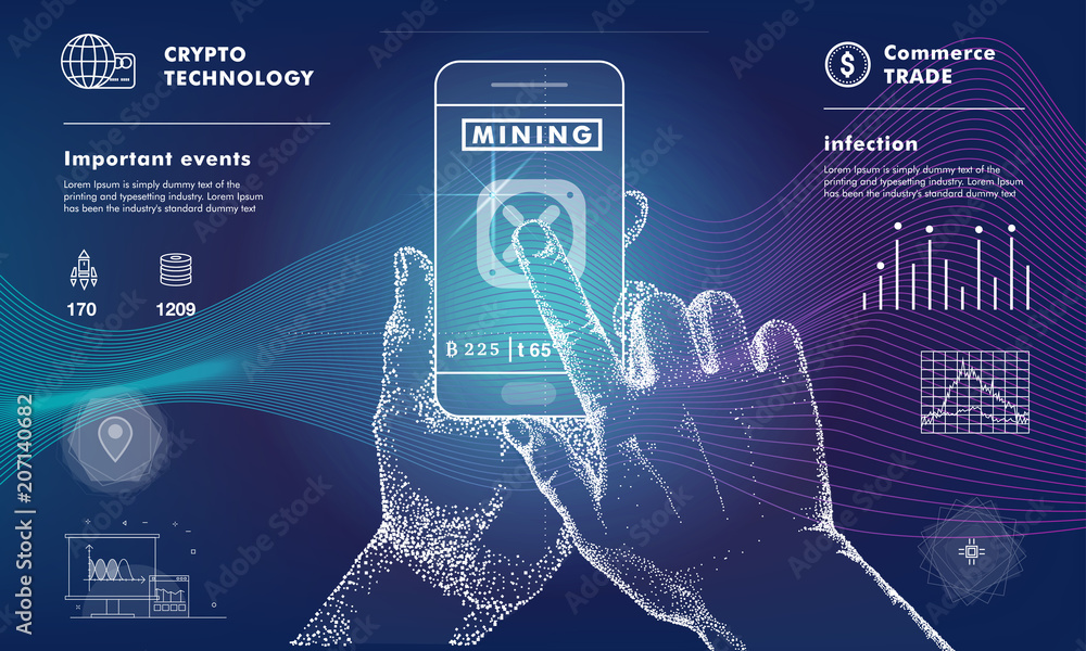 Poster mining bitcoin technology on autonomic computing program and trade platform. trendy design in awesom