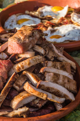 Stir fried pork and beef with eggs. Close view. Selective focus2