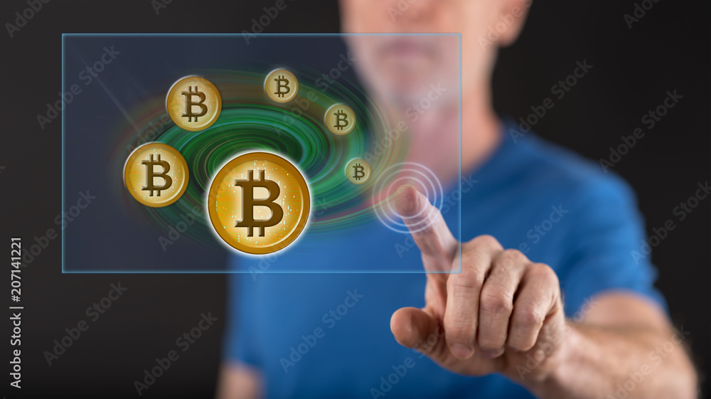 Poster man touching a bitcoin currency concept