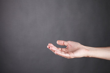 Open palm hand gesture on gray background