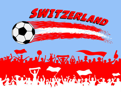 Switzerland flag colors with soccer ball and Swiss supporters silhouettes