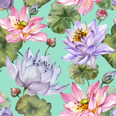 Beautiful floral seamless pattern. Large pink and purple lotus flowers with leaves on turquoise background. Hand drawn illustration. Watercolor painting.