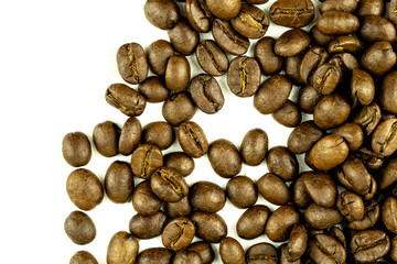 close up of medium or dark roasted coffee beans isolated on white background, can be used as a background or graphic object in your ads.