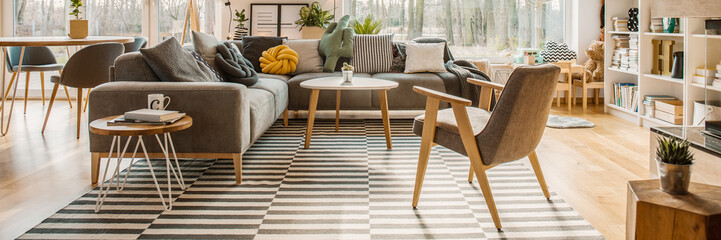Horizontal photo of a scandi living room interior with a corner sofa, pillows, armchair, striped...