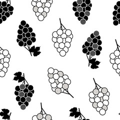 Seamless pattern with black grapes on the white background.