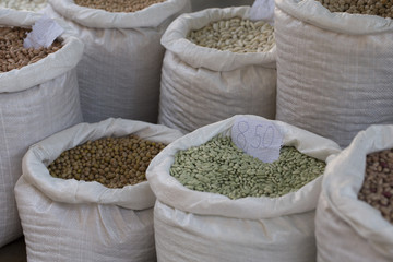 Close up of bags of beans
