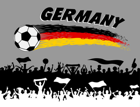 Germany flag colors with soccer ball and German supporters silhouettes