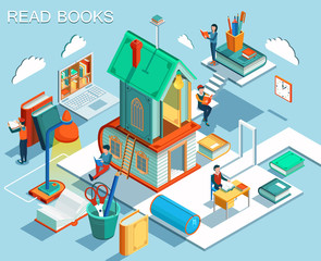 The concept of reading books and learning in the library.Isometric flat design. Vector illustration