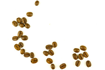 close up of medium or dark roasted coffee beans isolated on white background, can be used as a background or graphic object in your ads.