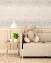 Kid room or living area on white brick wal and wood walll decorate in nursery or apartment  - Room simple design artwork kid room or home - 3D Rendering