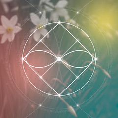 Interlocking circles and triangles hipster sacred geometry illustration with golden ratio digits in front of photographic background.