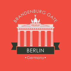Vector travel banner. The famous Brandenburg Gate in Berlin. German national landmark in retro style on red background © paseven