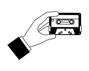 hand holding retro vintage cassette tape record vector illustration black and white