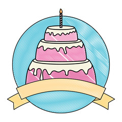 emblem with birthday cake and decorative ribbon over white background, colorful design. vector illustration