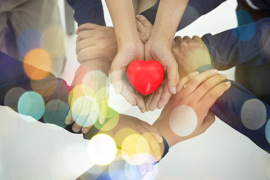 Group Of Hands Holding Red Heart, Health Care, Love, Organ Donation, Family Insurance And CSR Concept