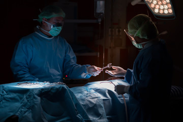 Close-up of gloved hands holding surgical tool.Surgery team operating in a surgical room.