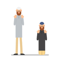 Muslim praying. Two Muslim arabic men in different suit and traditional clothes standing, sitting and praying. The performance of Muslim prayer by men with raised hands. Illustration in flat style