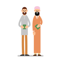 Two muslim arabic people standing together in different suit and traditional clothes and they hold in their hands the holy book of the Koran. Illustration in flat style on white background. Isolated