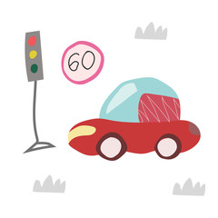 hand drawn car on the road. Scandinavian style for kids. Cartoon illustration