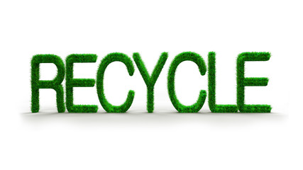 Green grass in RECYCLE word shape, 3D illustration.