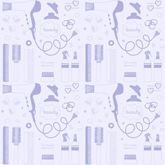 Salon beauty care seamless pattern. Hand drawn set of hair styling. Hair dryer, hairbrushes, sprays, scrunchy. Doodle style sketch vector items for background, web, corporate style elements