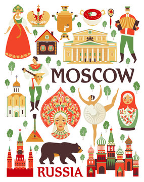 Russia icons set. Vector collection of Russian culture and nature images.