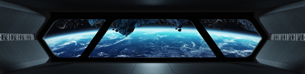 Spaceship futuristic interior with view on planet Earth