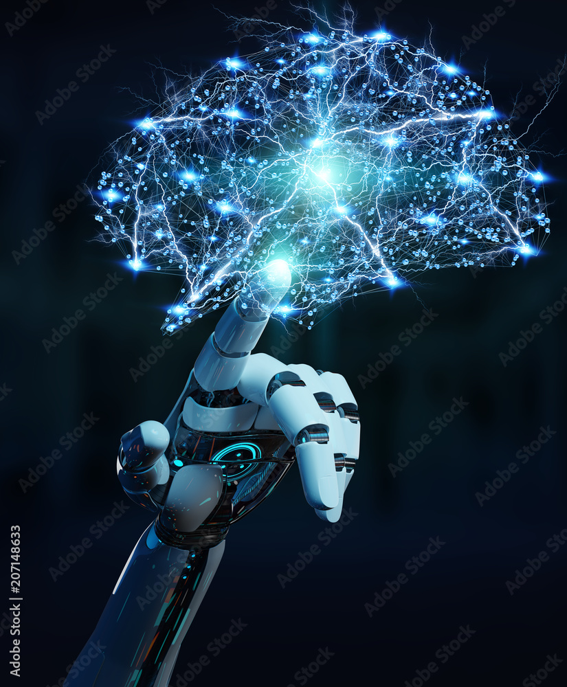 Poster white humanoid hanid creating artificial intelligence 3d rendering