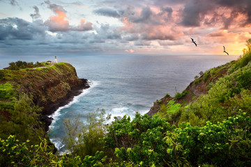 Sunrise at Kilauea Lighthouse and Wildlife Refuge, Kauai, Hawaii - obrazy, fototapety, plakaty