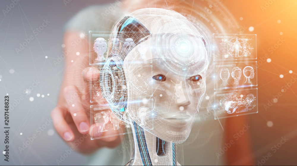 Poster businesswoman using digital artificial intelligence interface 3d rendering