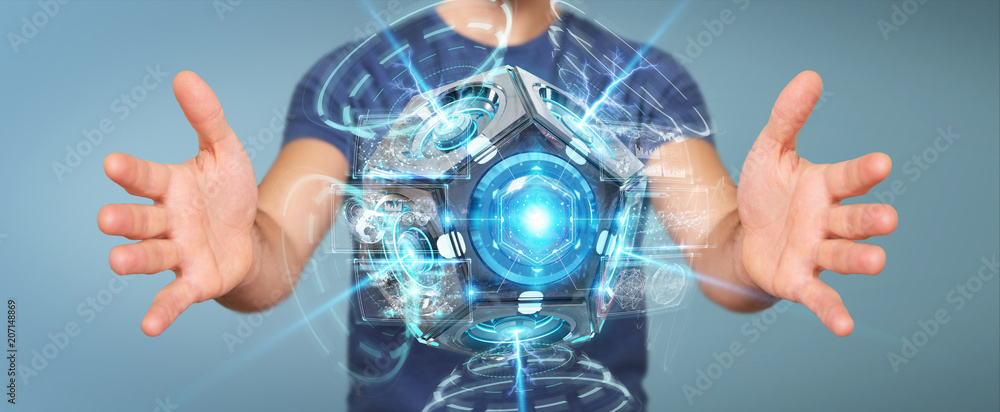 Poster businessman using futuristic drone security camera 3d rendering