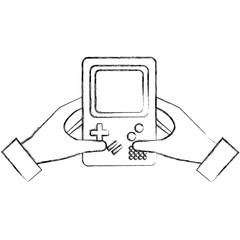 hand holding game console portable device vintage vector illustration  sketch