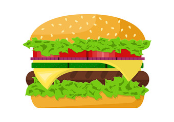 Vector illustration. Big burger, fresh and tasty.