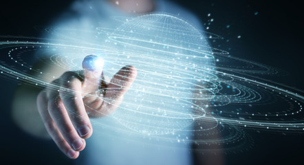 Businessman using digital sphere connection hologram 3D rendering