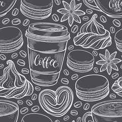 Handgezeichnetes nahtloses Muster mit Kaffeetassen, Bohnen, Tassen, Makronen. Bunter Hintergrund in Vintage-Retro-Farben. Dekorative Doodle-Vektor-Illustration