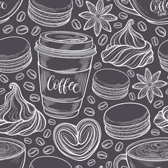 Fototapete Kaffee Handgezeichnetes nahtloses Muster mit Kaffeetassen, Bohnen, Tassen, Makronen. Bunter Hintergrund in Vintage-Retro-Farben. Dekorative Doodle-Vektor-Illustration