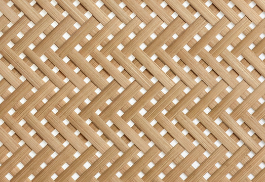 Woven bamboo strips pattern close up. Wickerwork bamboo texture background.