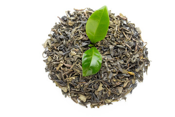 Green tea leaf isolated on white background.