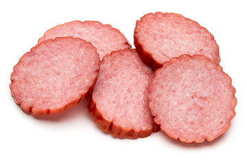 Slices of salami. Isolated on a white background.