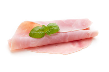 Sliced boiled ham sausage isolated on white background, top view.